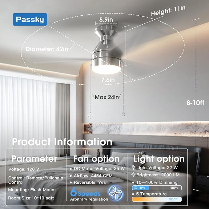 Ceiling Fans with Lights, 42 inch Low Profile Ceiling Fan with Pull Chain and Remote Control, Flush Mount, alternate view 3