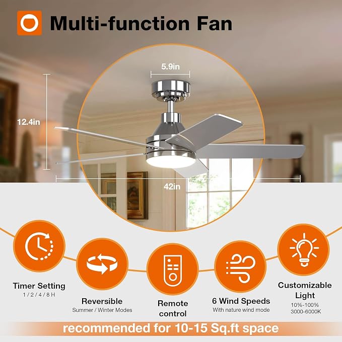 Ceiling Fans with Lights, 42 inch Nickel Ceiling Fan with Light and Remote Control, Reversible, 3CCT, Dimmable, Noiseless