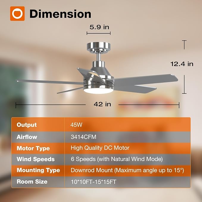 Ceiling Fans with Lights, 42 inch Nickel Ceiling Fan with Light and Remote Control, Reversible, 3CCT, Dimmable, Noiseless