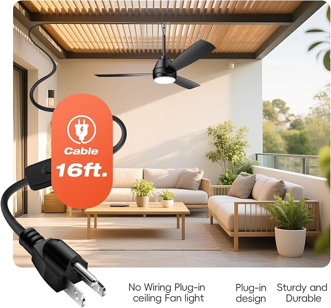 Ceiling Fans with Lights,42" LED Fan Light Hanging with Hook,Plug in Ceiling Fan Light,Hook Type Ceiling