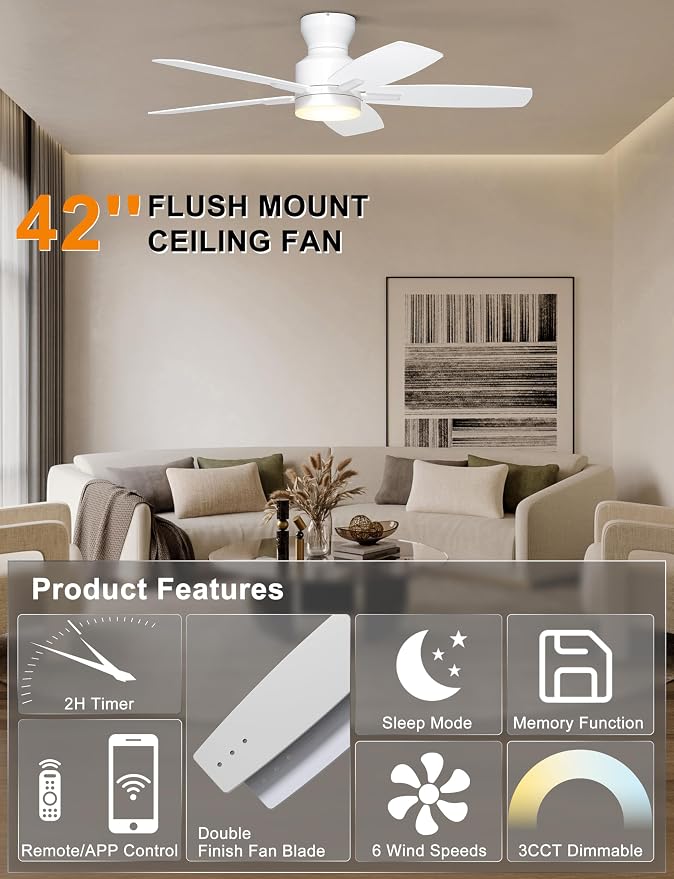 Ceiling Fans with Lights, 42'' Low Profile Ceiling Fan with Light and Remote/APP Control, Modern Flush Mount Ceiling Fan for
