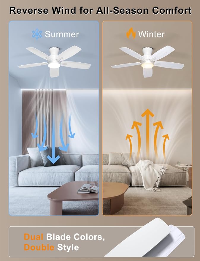Ceiling Fans with Lights, 42'' Low Profile Ceiling Fan with Light and Remote/APP Control, Modern Flush Mount Ceiling Fan for