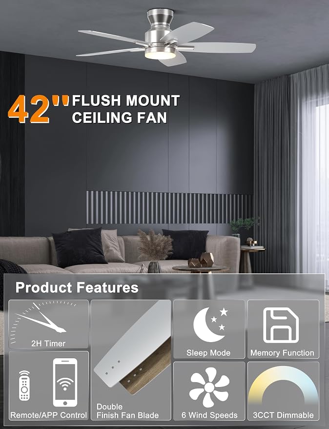 Ceiling Fans with Lights, 42'' Low Profile Ceiling Fan with Light and Remote/APP Control, Modern Flush Mount Ceiling Fan for