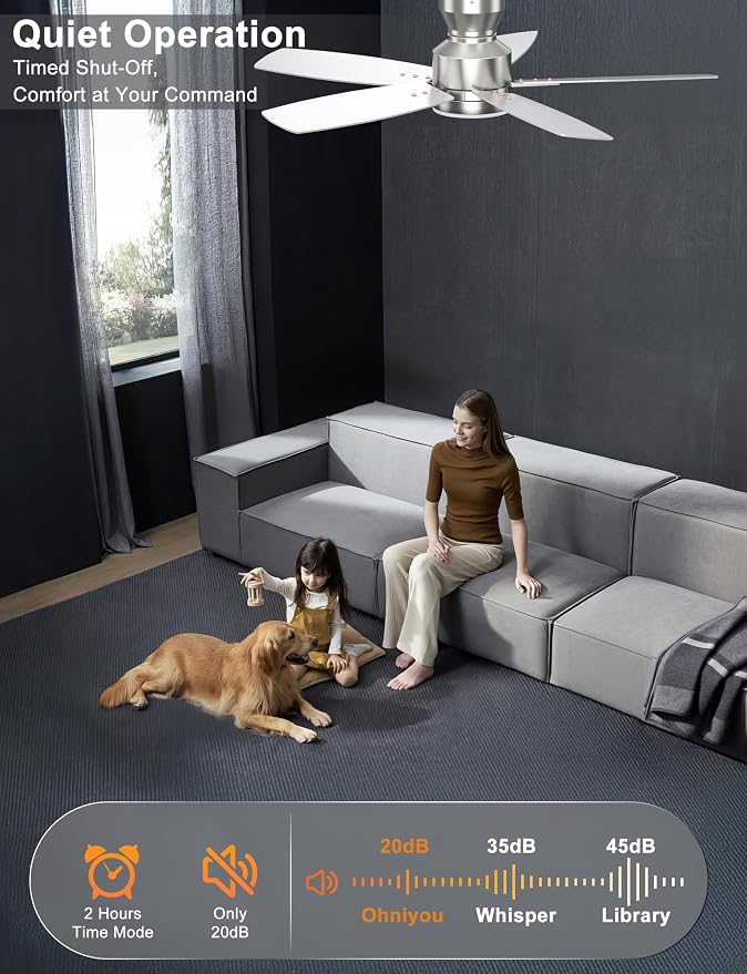 Ceiling Fans with Lights, 42'' Low Profile Ceiling Fan with Light and Remote/APP Control, Modern Flush Mount Ceiling Fan for