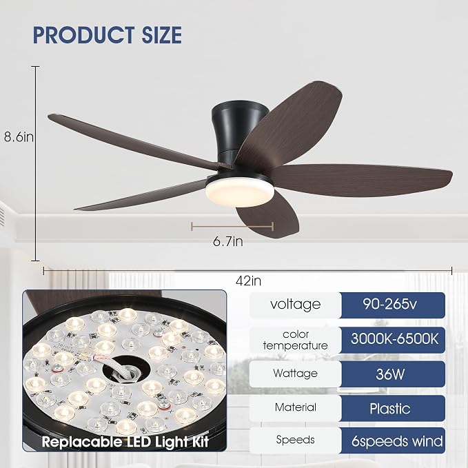 Ceiling Fans with Lights-42 Low Profile Ceiling Fan with Light and Remote/APP Control, Flush Mount, DC, alternate view 6