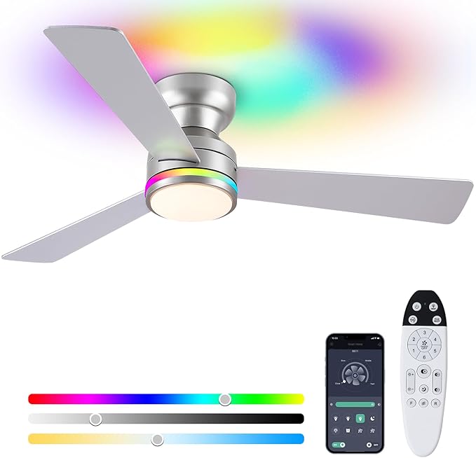 Ceiling Fans with Lights, 46 Inch Low Profile Ceiling Fan with Light and Remote Control, Reversible, RGB