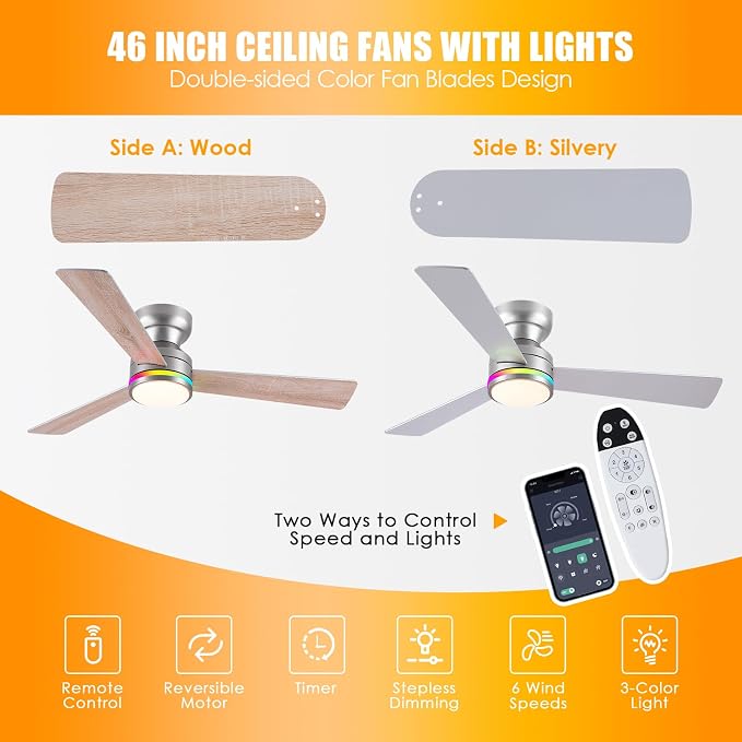 Ceiling Fans with Lights, 46 Inch Low Profile Ceiling Fan with Light and Remote Control, Reversible, RGB, alternate view 3