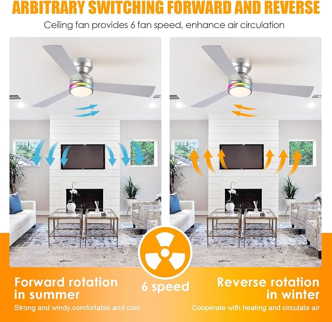 Ceiling Fans with Lights, 46 Inch Low Profile Ceiling Fan with Light and Remote Control, Reversible, RGB, alternate view 4