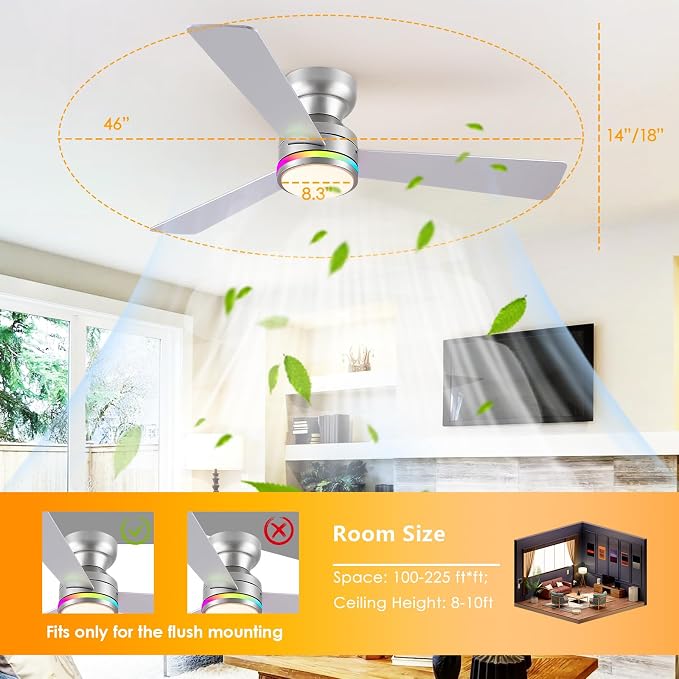 Ceiling Fans with Lights, 46 Inch Low Profile Ceiling Fan with Light and Remote Control, Reversible, RGB, alternate view 9