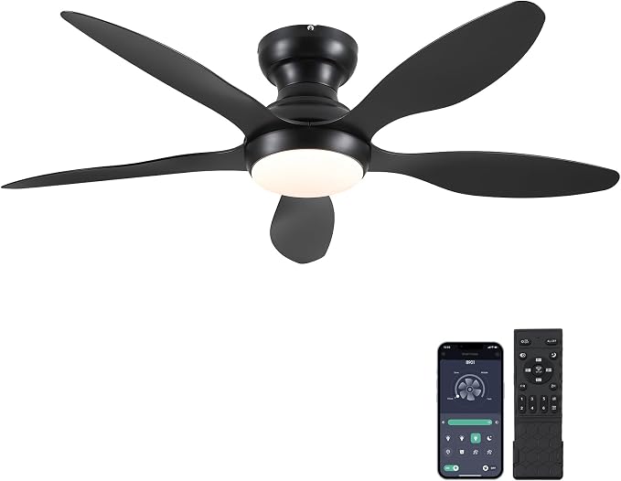 Ceiling Fans with Lights, 46 inch Modern Black Low Profile Ceiling Fan with Light and Remote App Control, Flush Mount, Quiet