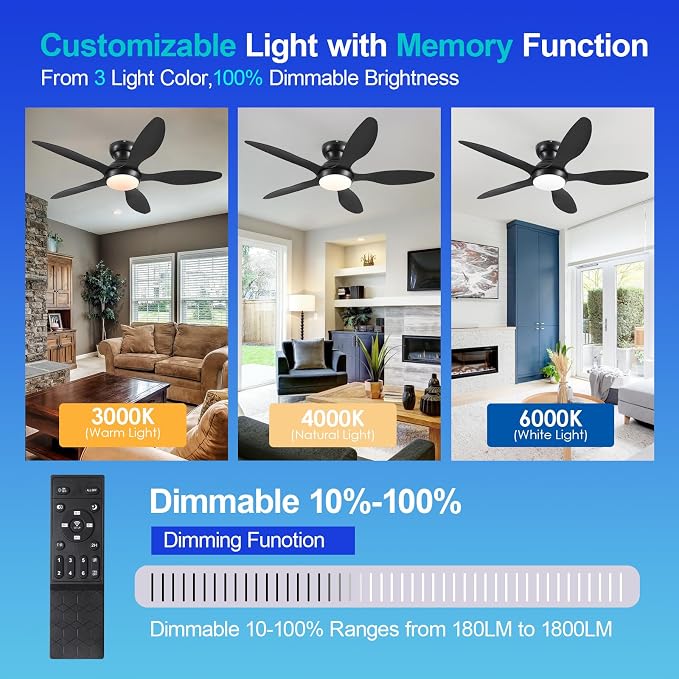 Ceiling Fans with Lights, 46 inch Modern Black Low Profile Ceiling Fan with Light and Remote App Control, Flush Mount, Quiet