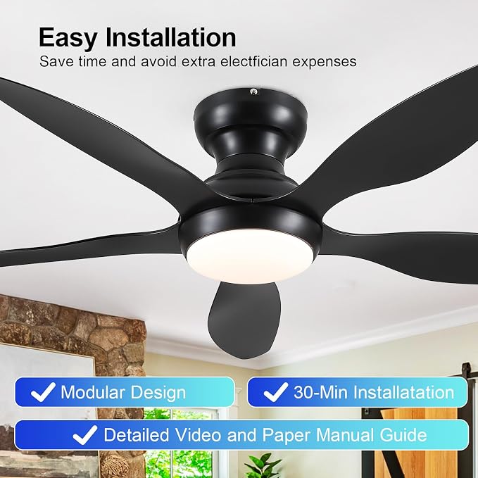 Ceiling Fans with Lights, 46 inch Modern Black Low Profile Ceiling Fan with Light and Remote App Control, Flush Mount, Quiet