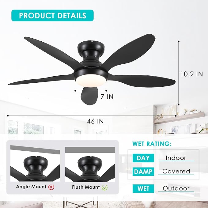 Ceiling Fans with Lights, 46 inch Modern Black Low Profile Ceiling Fan with Light and Remote App Control, Flush Mount, Quiet