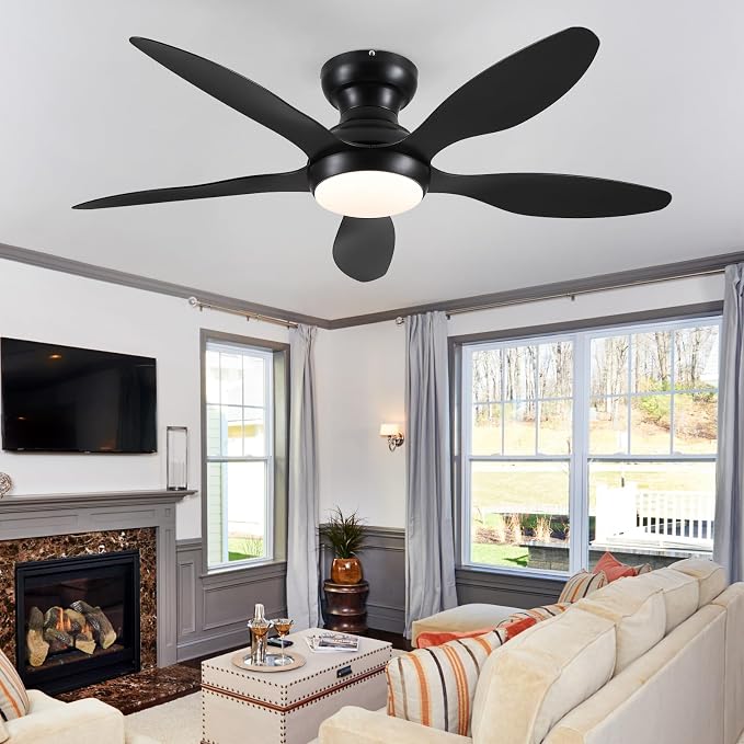 Ceiling Fans with Lights, 46 inch Modern Black Low Profile Ceiling Fan with Light and Remote App Control, Flush Mount, Quiet