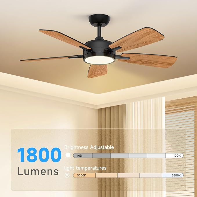 Ceiling Fans with Lights,46 Inch,Remote Control,Night Light,Dimmable,Reversible,Noiseless,6 Speeds,Timer,Black Modern Ceiling