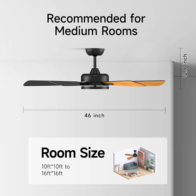 Ceiling Fans with Lights,46 Inch,Remote Control,Night Light,Dimmable,Reversible,Noiseless,6 Speeds,Timer,Black Modern Ceiling