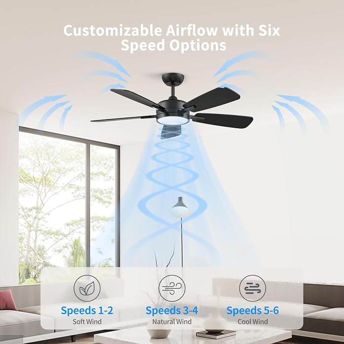 Ceiling Fans with Lights,46 Inch,Remote Control,Night Light,Dimmable,Reversible,Noiseless,6 Speeds,Timer,Black Modern Ceiling