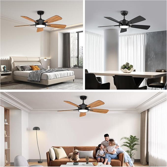 Ceiling Fans with Lights,46 Inch,Remote Control,Night Light,Dimmable,Reversible,Noiseless,6 Speeds,Timer,Black Modern Ceiling