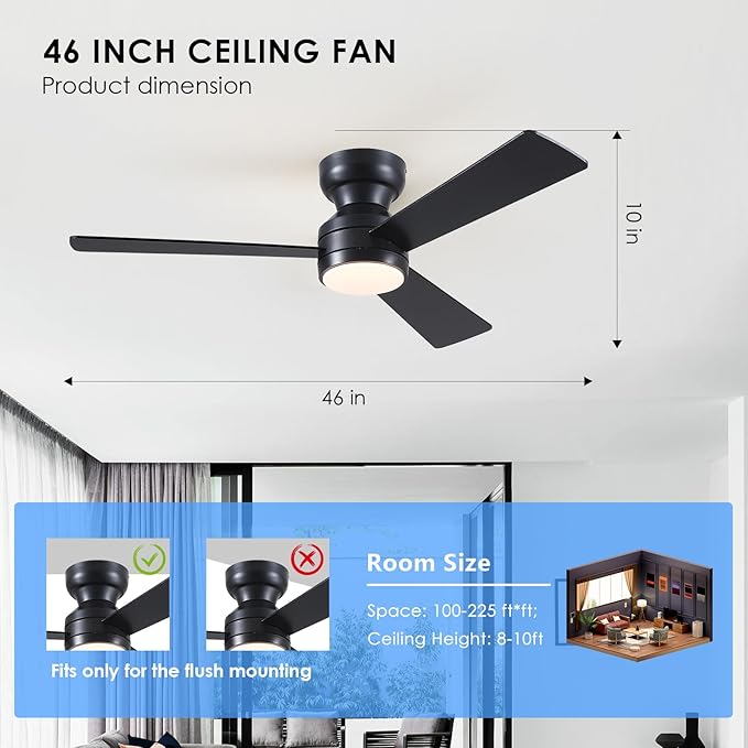 Ceiling Fans with Lights,46" Low Profile Ceiling Fan with Light and Remote Control,Flush Mount, Reversible, Dimmable