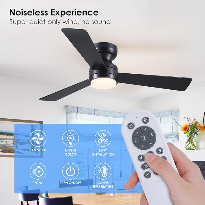 Ceiling Fans with Lights,46" Low Profile Ceiling Fan with Light and Remote Control,Flush Mount, Reversible, Dimmable