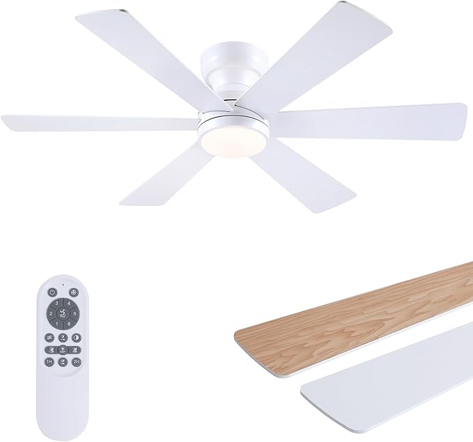 Ceiling Fans with Lights, 46" Low Profile Ceiling Fan with Light and Remote, Flush Mount for Bedroom, Living Room, 6 Speeds