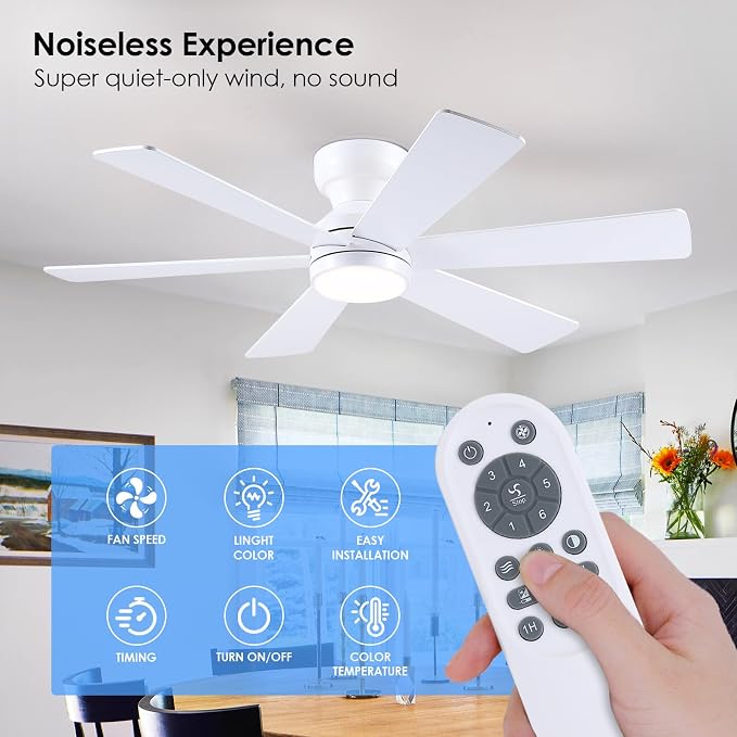 Ceiling Fans with Lights, 46" Low Profile Ceiling Fan with Light and Remote, Flush Mount for Bedroom, Living Room, 6 Speeds