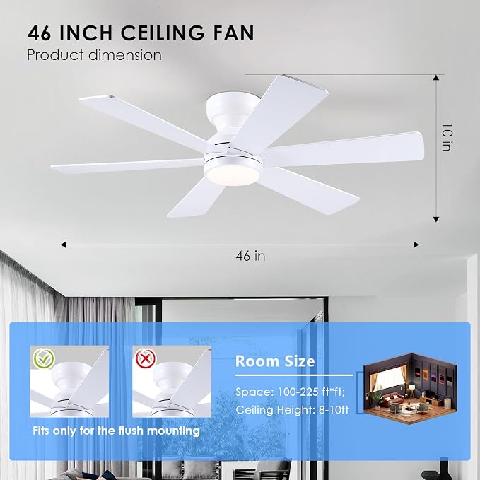 Ceiling Fans with Lights, 46" Low Profile Ceiling Fan with Light and Remote, Flush Mount for Bedroom, Living Room, 6 Speeds