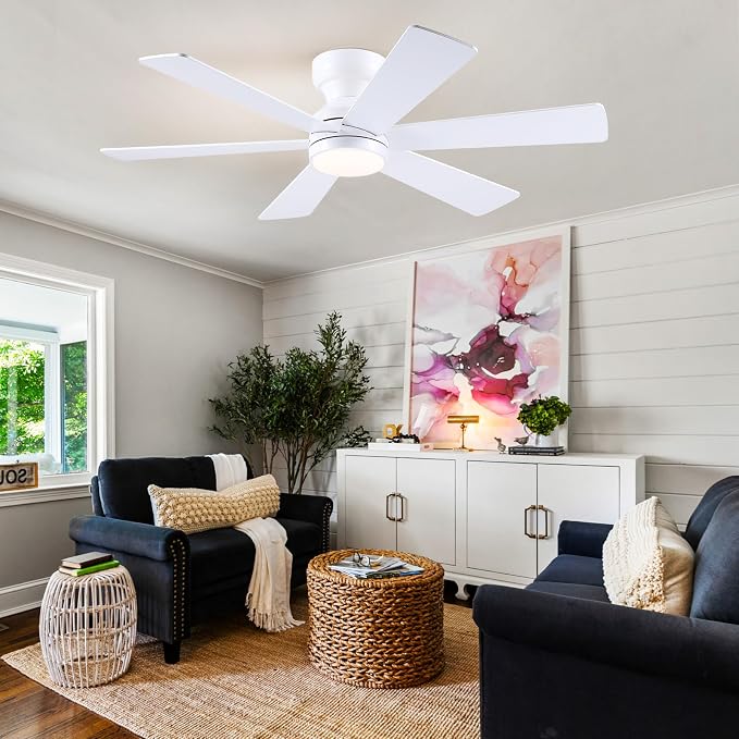 Ceiling Fans with Lights, 46" Low Profile Ceiling Fan with Light and Remote, Flush Mount for Bedroom, Living Room, 6 Speeds