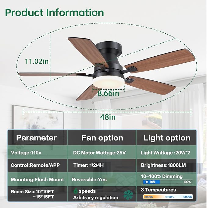 Ceiling Fans with Lights, 48 Inch Ceiling Fan with Light And Remote/APP,Low Profile Ceiling Fan with Light,DC Reversible,6