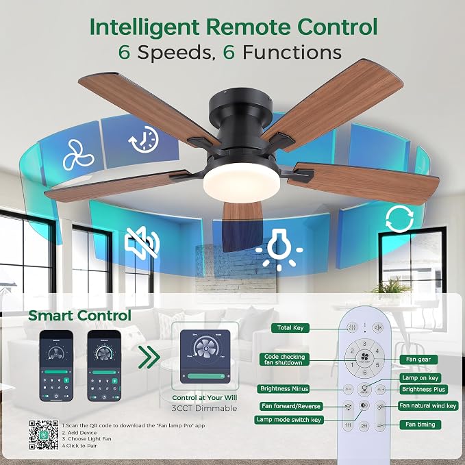 Ceiling Fans with Lights, 48 Inch Ceiling Fan with Light And Remote/APP,Low Profile Ceiling Fan with Light,DC Reversible,6