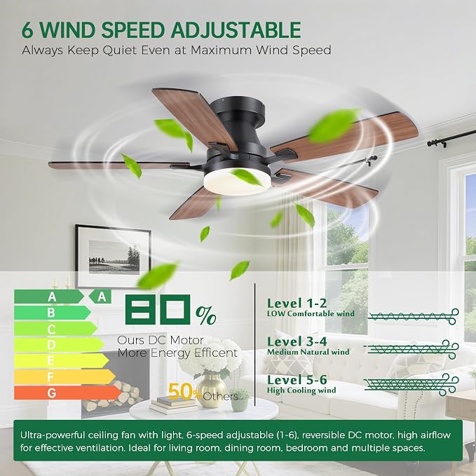 Ceiling Fans with Lights, 48 Inch Ceiling Fan with Light And Remote/APP,Low Profile Ceiling Fan with Light,DC Reversible,6