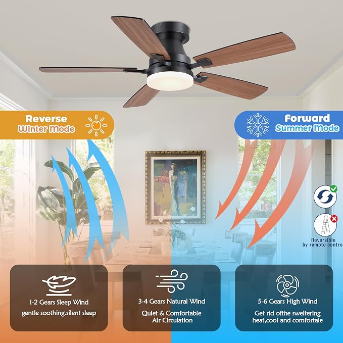 Ceiling Fans with Lights, 48 Inch Ceiling Fan with Light And Remote/APP,Low Profile Ceiling Fan with Light,DC Reversible,6