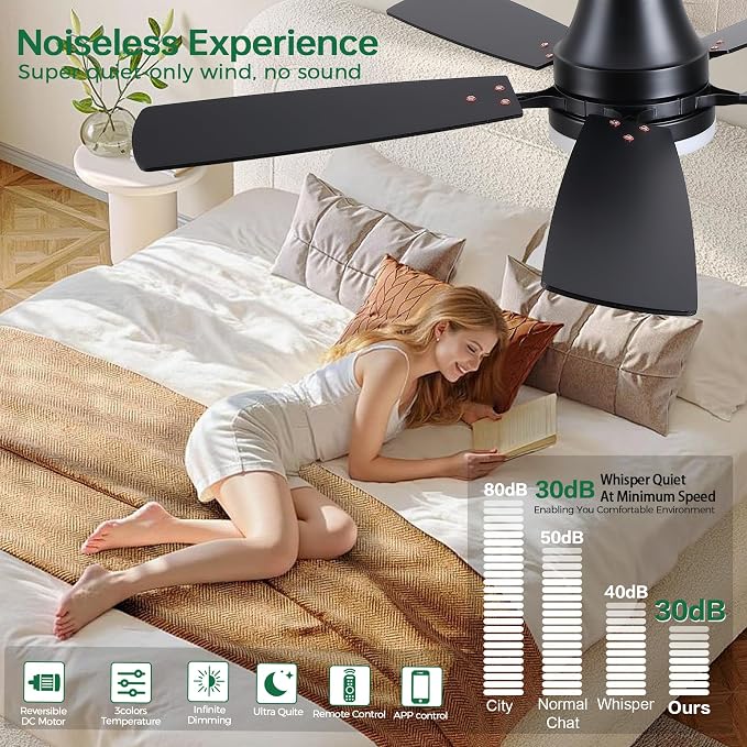 Ceiling Fans with Lights, 48 Inch Ceiling Fan with Light And Remote/APP,Low Profile Ceiling Fan with Light,DC Reversible,6