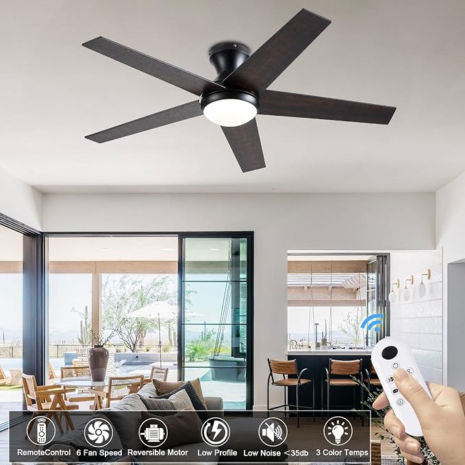 Ceiling Fans with Lights, 48 inch Low Profile Ceiling Fan with Light and Remote Control, Flush Mount, Reversible Motor