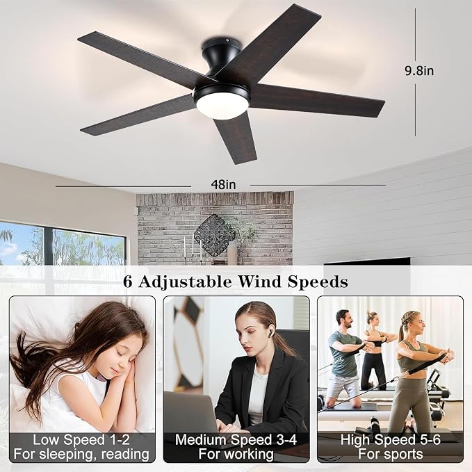 Ceiling Fans with Lights, 48 inch Low Profile Ceiling Fan with Light and Remote Control, Flush Mount, Reversible Motor