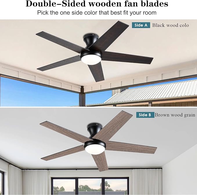 Ceiling Fans with Lights, 48 inch Low Profile Ceiling Fan with Light and Remote Control, Flush Mount, Reversible Motor