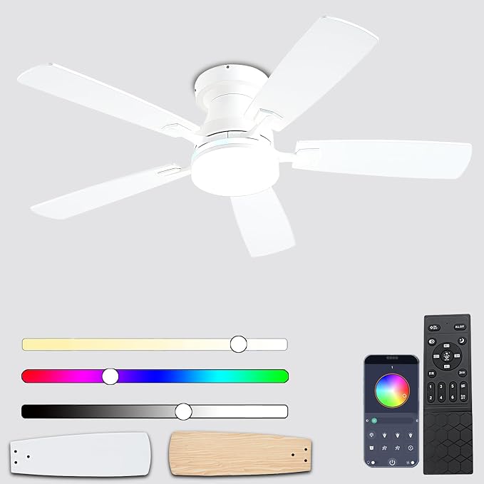 Ceiling Fans with Lights, 48 inch Low Profile Ceiling Fan with Light and Remote Control, Flush Mount RGB Dimmable Light