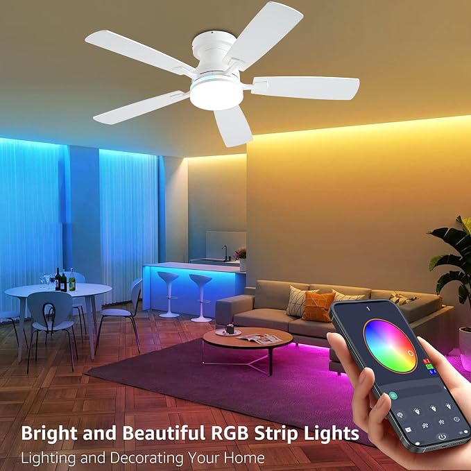 Ceiling Fans with Lights, 48 inch Low Profile Ceiling Fan with Light and Remote Control, Flush Mount RGB Dimmable Light