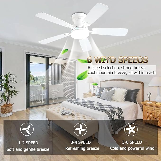 Ceiling Fans with Lights, 48 inch Low Profile Ceiling Fan with Light and Remote Control, Flush Mount RGB Dimmable Light