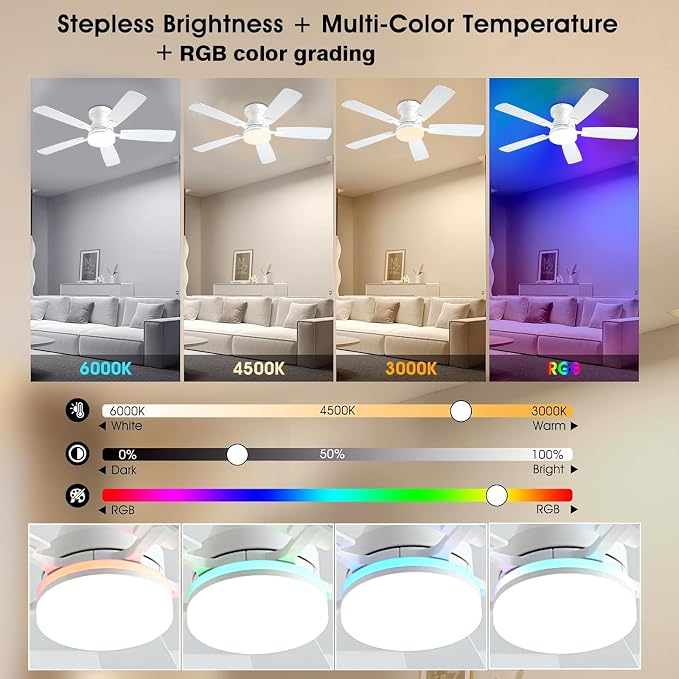 Ceiling Fans with Lights, 48 inch Low Profile Ceiling Fan with Light and Remote Control, Flush Mount RGB Dimmable Light