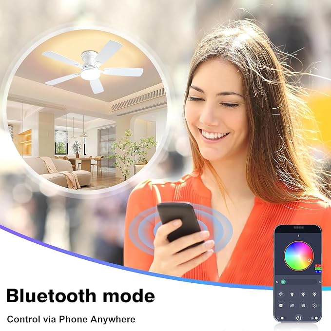 Ceiling Fans with Lights, 48 inch Low Profile Ceiling Fan with Light and Remote Control, Flush Mount RGB Dimmable Light