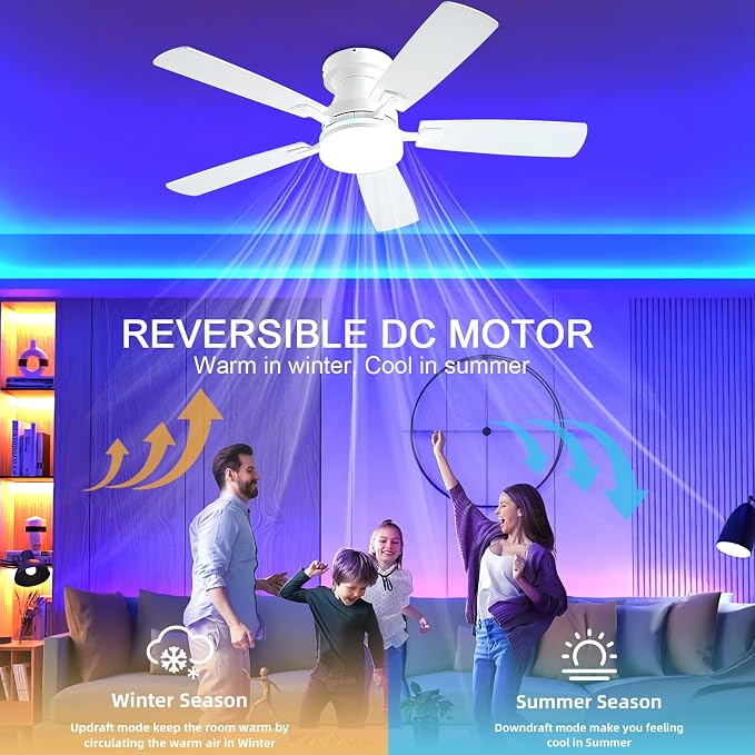 Ceiling Fans with Lights, 48 inch Low Profile Ceiling Fan with Light and Remote Control, Flush Mount RGB Dimmable Light