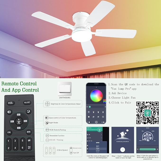 Ceiling Fans with Lights, 48 inch Low Profile Ceiling Fan with Light and Remote Control, Flush Mount RGB Dimmable Light