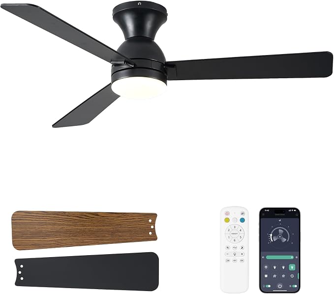 Ceiling Fans with Lights, 48 inch Low Profile Ceiling Fan with Light and Remote Control, Flush Mount, Reversible, 3CCT