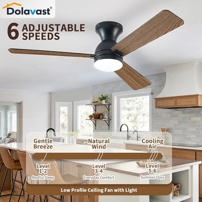 Ceiling Fans with Lights, 48 inch Low Profile Ceiling Fan with Light and Remote Control, Flush Mount, Reversible, 3CCT
