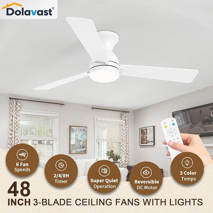 Ceiling Fans with Lights, 48 inch Low Profile Ceiling Fan with Light and Remote Control, Flush Mount, Reversible, 3CCT