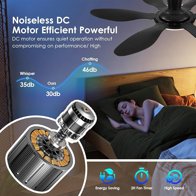 Ceiling Fans with Lights, 51 inch Modern Black Low Profile Ceiling Fan with Light and Remote App Control, Flush Mount, Quiet