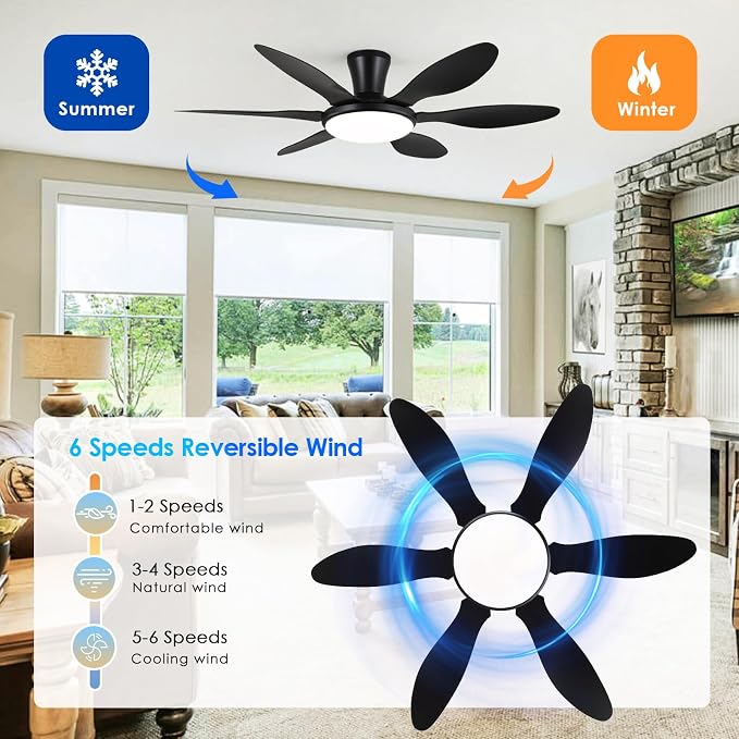 Ceiling Fans with Lights, 51 inch Modern Black Low Profile Ceiling Fan with Light and Remote App Control, Flush Mount, Quiet
