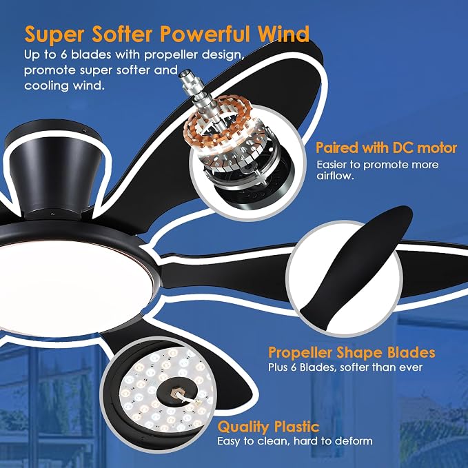Ceiling Fans with Lights, 51 inch Modern Black Low Profile Ceiling Fan with Light and Remote App Control, Flush Mount, Quiet