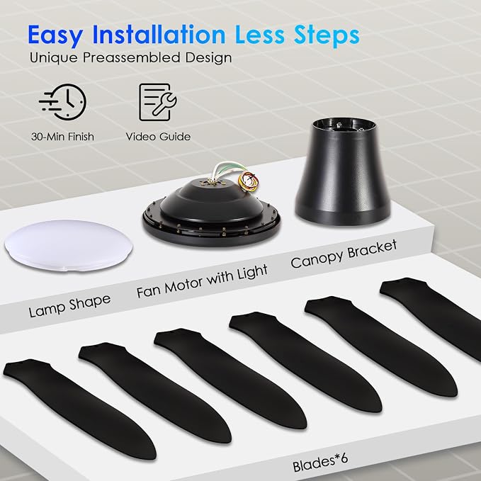 Ceiling Fans with Lights, 51 inch Modern Black Low Profile Ceiling Fan with Light and Remote App Control, Flush Mount, Quiet